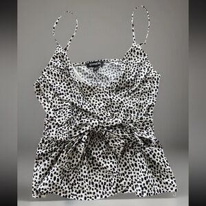 Express Womens Black/White Polka Dot Wrap Peplum Cinched Tank Top Blouse Size S‎